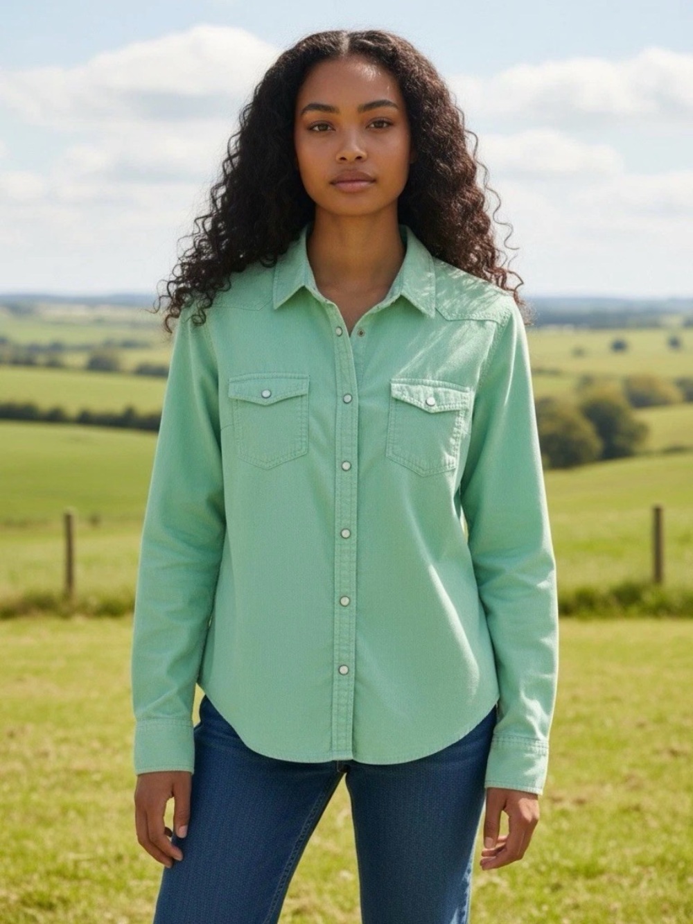 American Eagle Women's Shirt Size Large Mint Green Corduroy Western Snap